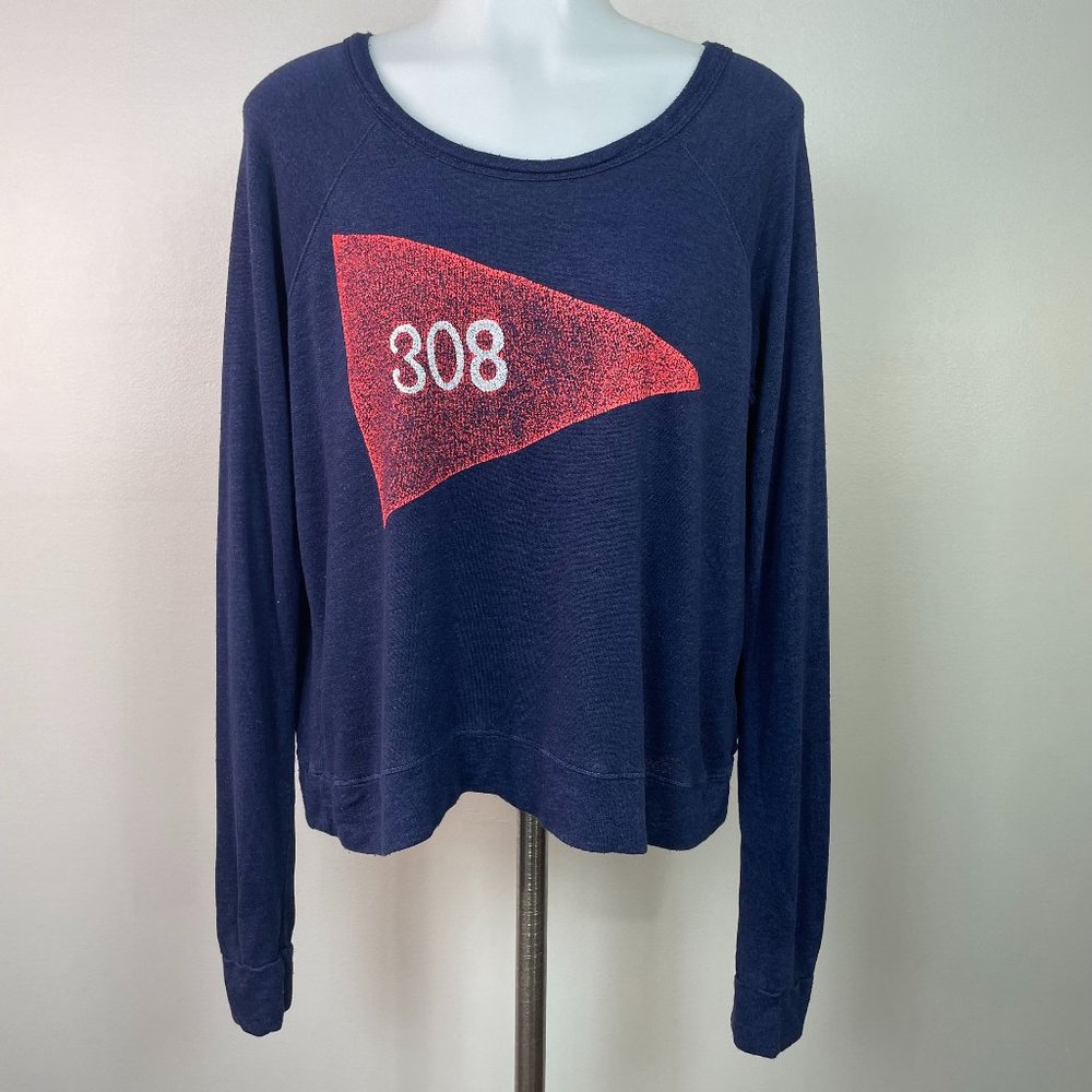 Sundry Top 2 Medium Navy Blue Red Flag Graphic Long Sleeve Shirt Cropped Women's